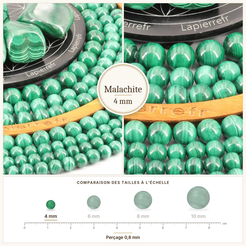 Fil de perles malachite rondes et polies en pierre naturelle