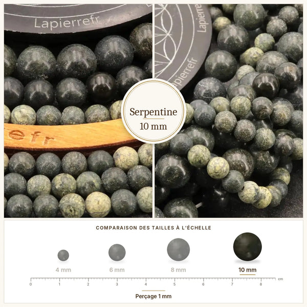 Grosses perles vertes marbrées en serpentine naturelle de 10 mm