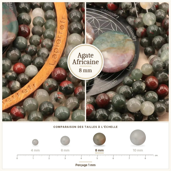 Perles vertes mouchetées de rouge en agate africaine naturelle, 8 mm