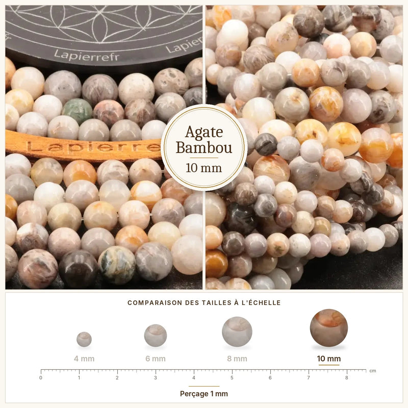 Fil de perles agate bambou rondes et polies en pierre naturelle