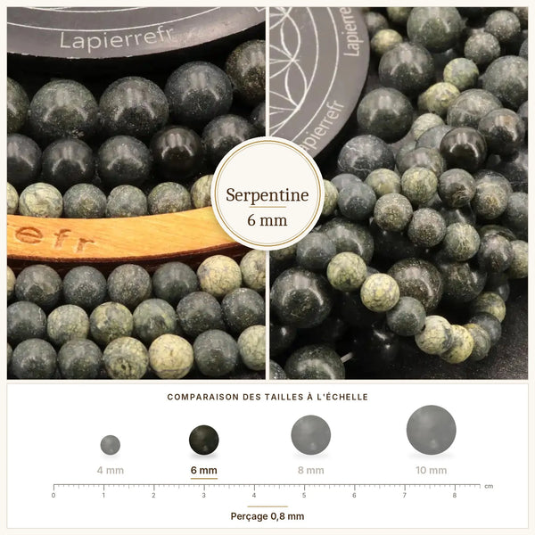 Perles vertes en serpentine 6 mm, pierre naturelle vert olive marbrée