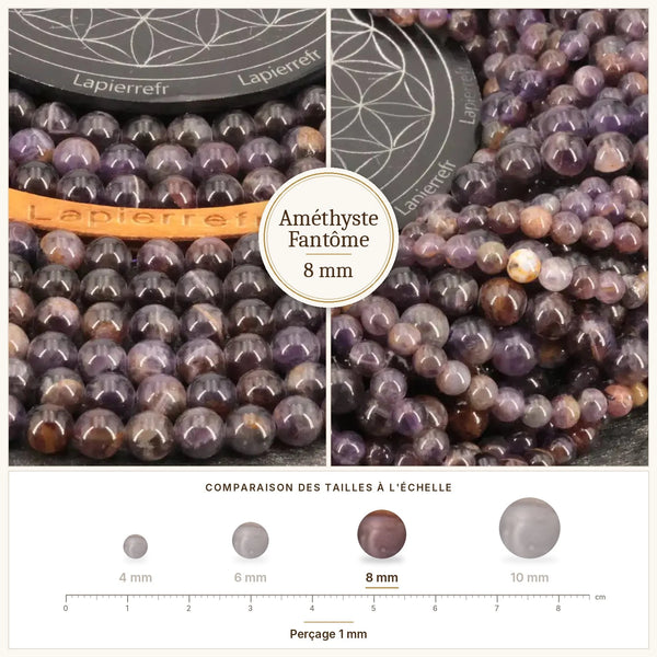 Perles violettes en améthyste fantôme 8 mm, pierre naturelle