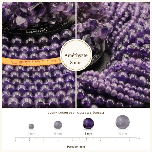 Perles violettes en améthyste véritable, diamètre 8 mm