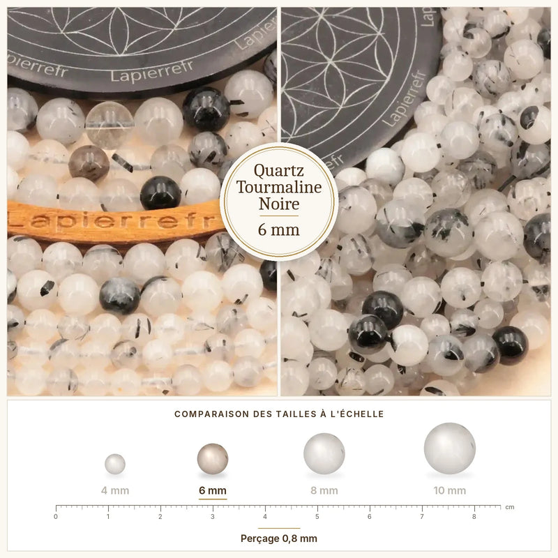 Fil de perles quartz tourmaline noire rondes et polies en pierre naturelle