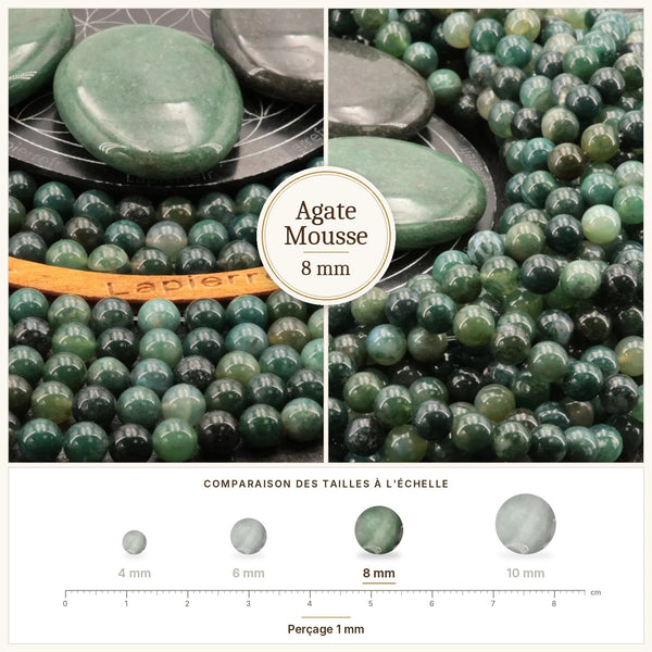 Perle verte et blanche en agate mousse 8 mm, pierre naturelle