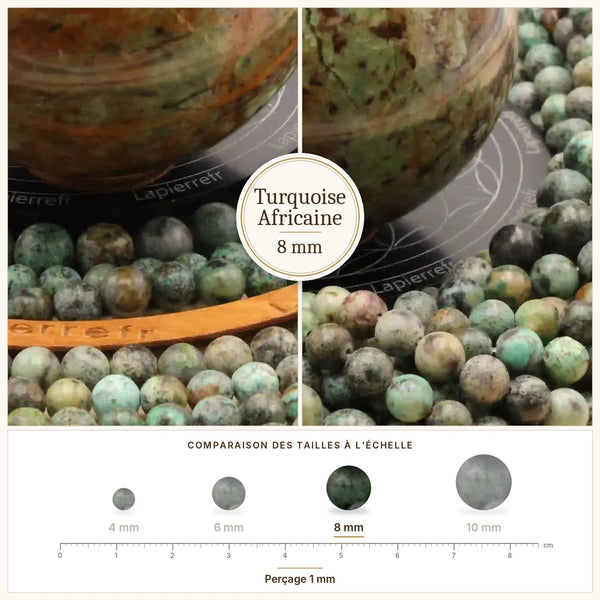 Perle verte mouchetée de brun en turquoise africaine 8 mm