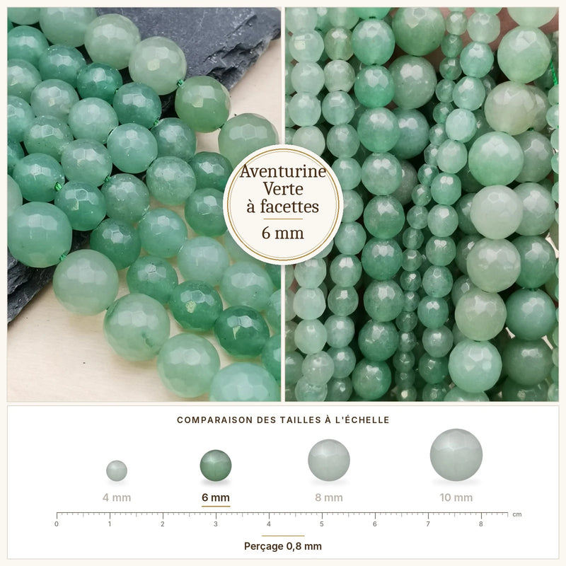 Fil de perles aventurine verte rondes à facettes en pierre naturelle