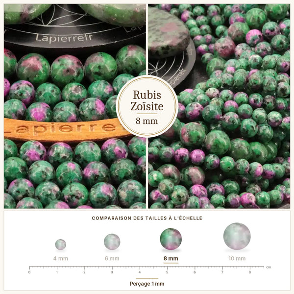 Perle verte tachetée de rouge en rubis zoïsite 8 mm