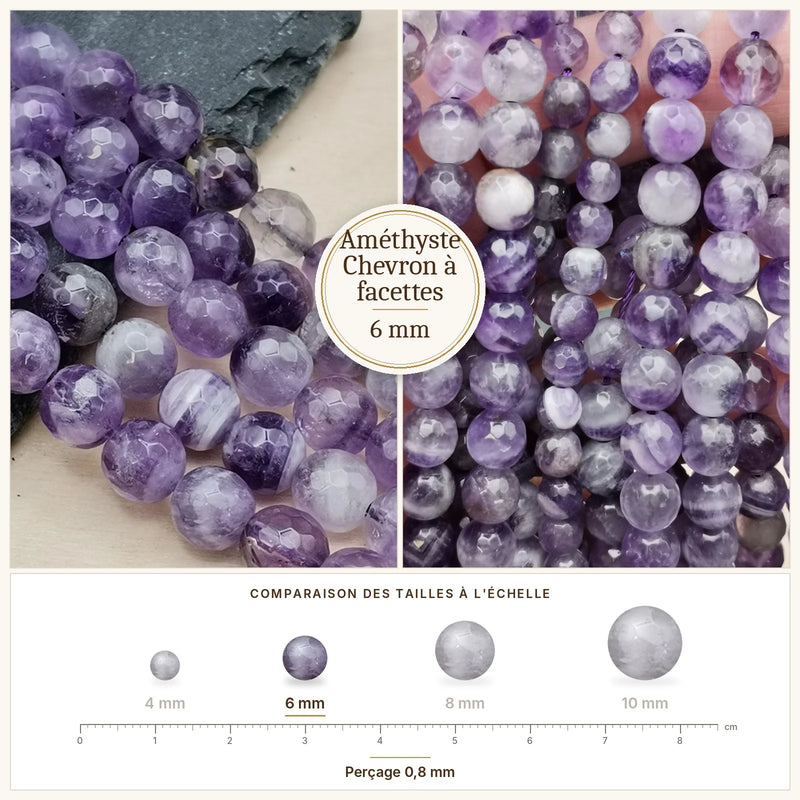 Fil de perles améthyste chevron rondes à facettes en pierre naturelle
