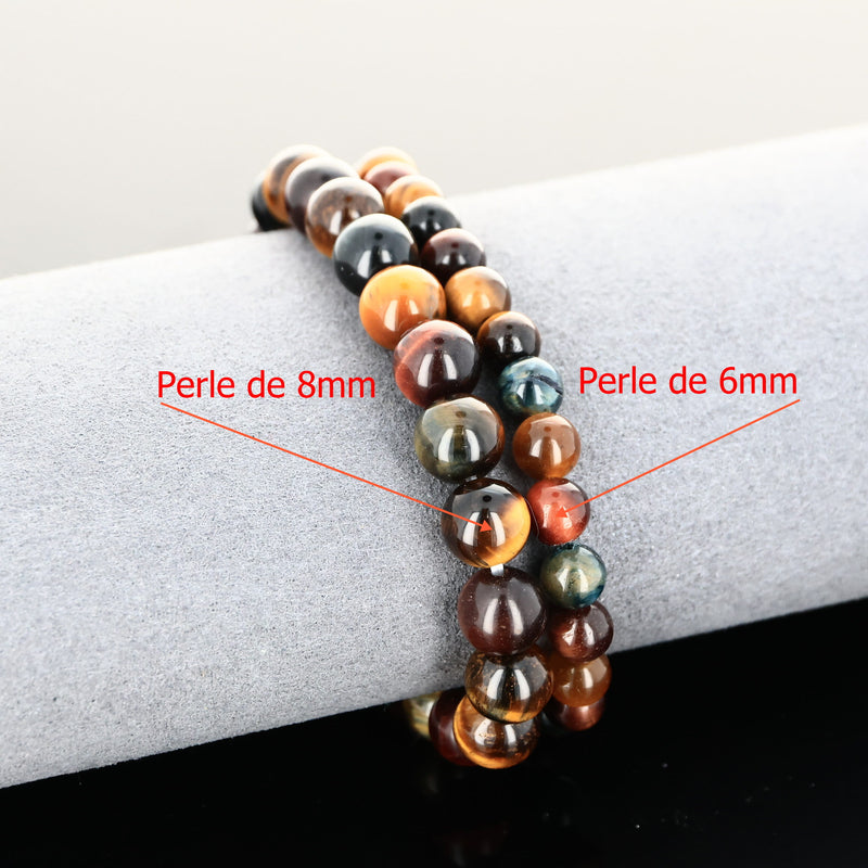 Détail des perles rondes 6 mm et 8 mm du bracelet triple protection en pierre naturelle