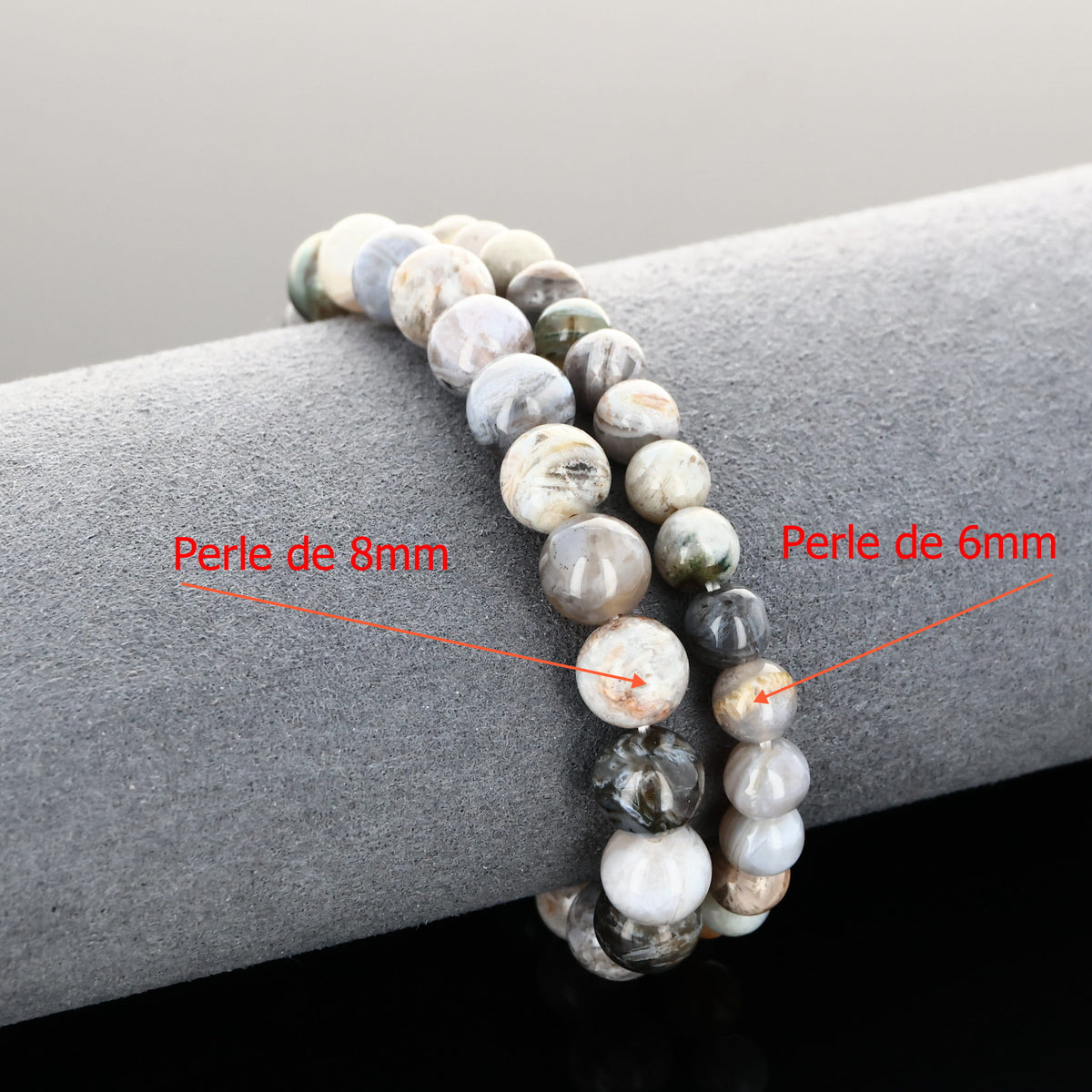 Détail des perles rondes 6 mm et 8 mm en Agate bambou naturelle pour bracelet lithothérapie
