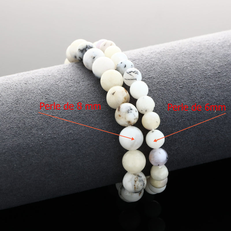 Détail des perles rondes 6 mm et 8 mm en Agate dendrite naturelle pour bracelet lithothérapie