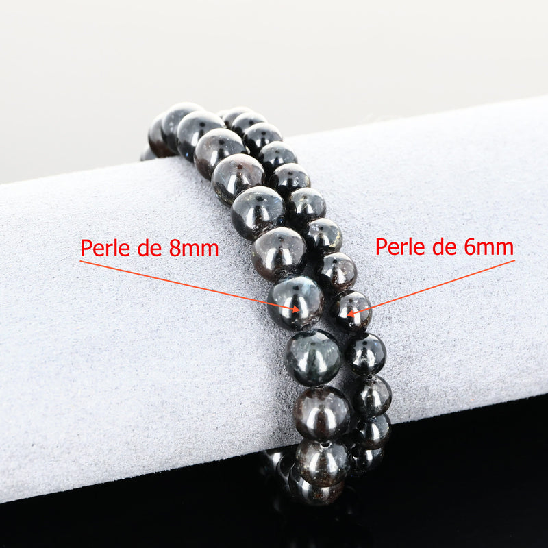 Détail des perles rondes 6 mm et 8 mm en Anthophyllite naturelle pour bracelet lithothérapie
