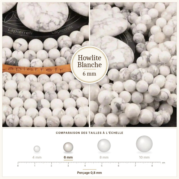Perles blanches veinées de gris en howlite, diamètre 6 mm