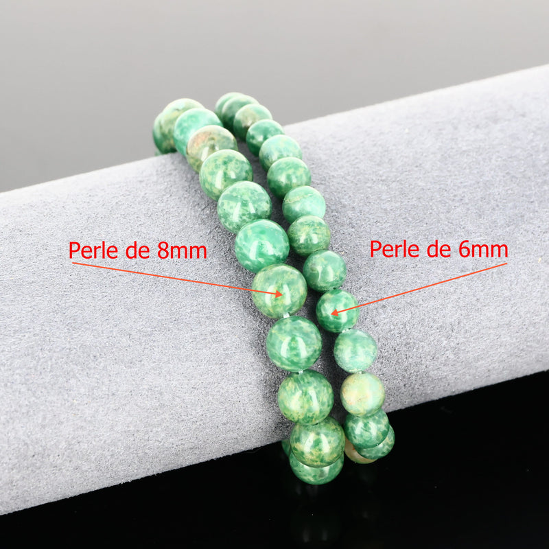 Détail des perles rondes 6 mm et 8 mm en Budstone naturelle pour bracelet lithothérapie