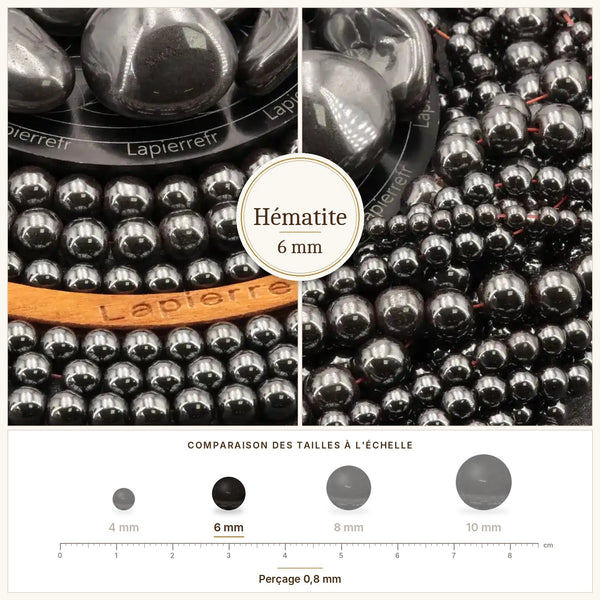 Perles gris métallisé en hématite, diamètre 6 mm, sur fil