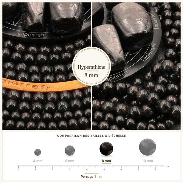 Perles hypersthène noires et grises de 8 mm, pierre fine naturelle