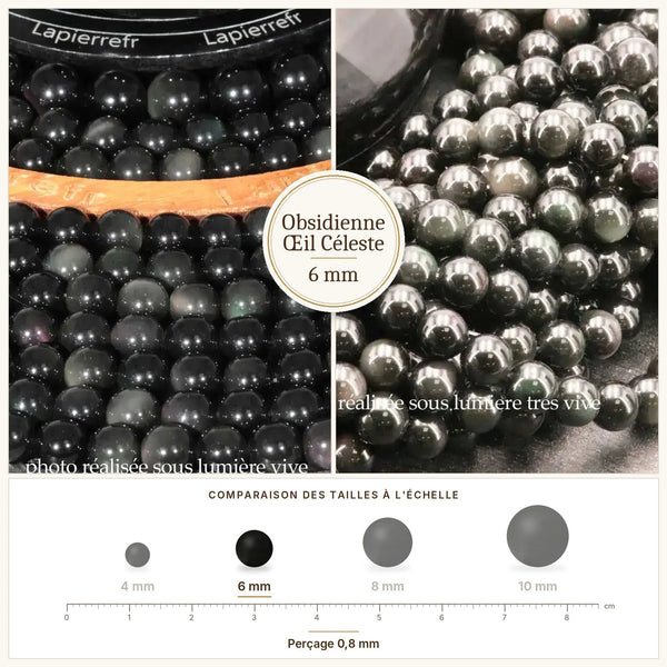 Perles noires à reflets irisés en obsidienne œil céleste 6 mm