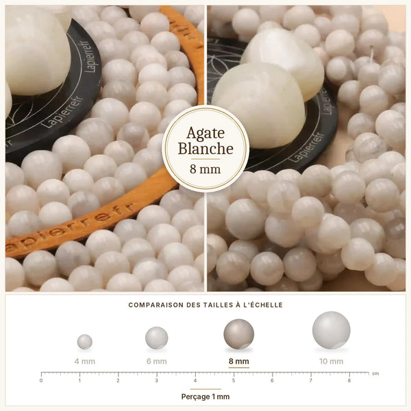 Perles en pierre blanche veinée, agate blanche 8 mm