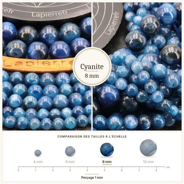 Perles bleu profond aux reflets nacrés en cyanite 8 mm