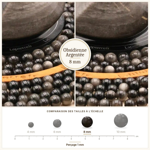 Perles en pierre noire aux reflets argentés, obsidienne 8 mm