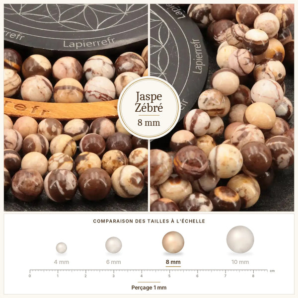 Perles en pierre noire et blanche, jaspe zébré de 8 mm
