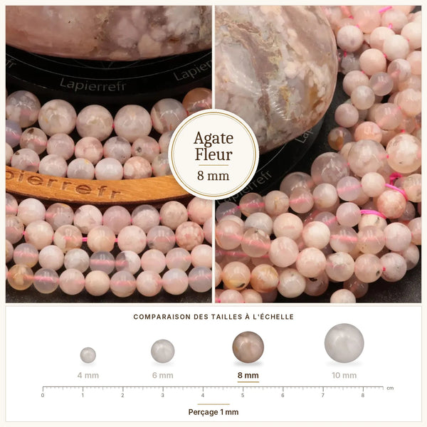 Perles en pierre rose poudré et blanc, agate fleur 8 mm
