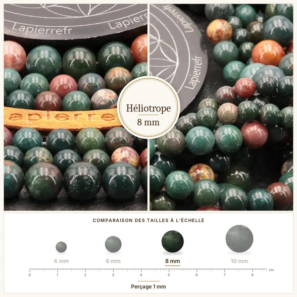 Perles en pierre vert foncé ponctuées de rouge, héliotrope 8 mm