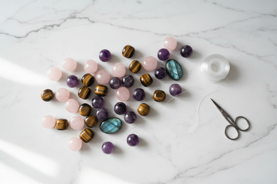 Perles en pierres naturelles et matériel pour créer des bijoux DIY lithothérapie