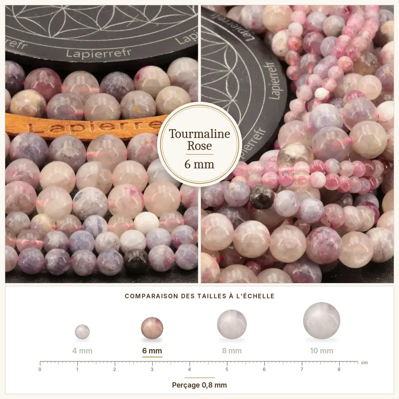 Fil de perles tourmaline rose rondes et polies en pierre naturelle