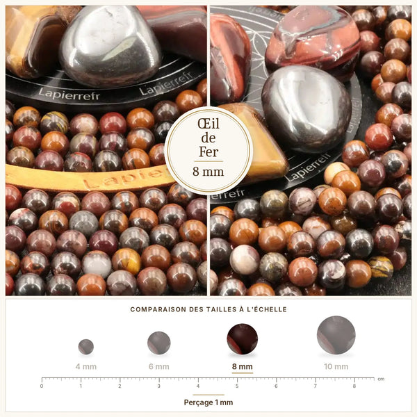 Perles œil de fer rouges et dorées de 8 mm, pierre fine naturelle