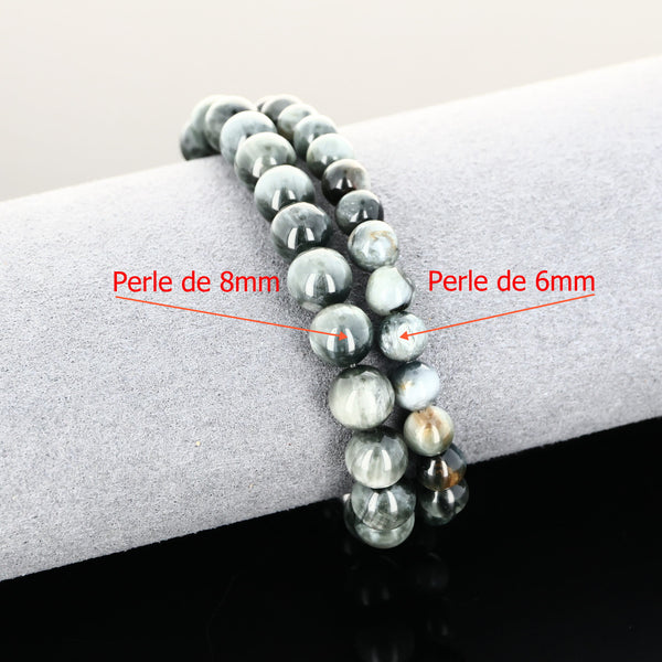 Détail des perles rondes 6 mm et 8 mm en Tourmaline œil de chat naturelle pour bracelet lithothérapie