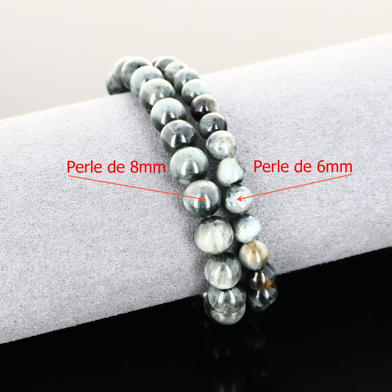 Détail des perles rondes 6 mm et 8 mm en Tourmaline œil de chat naturelle pour bracelet lithothérapie