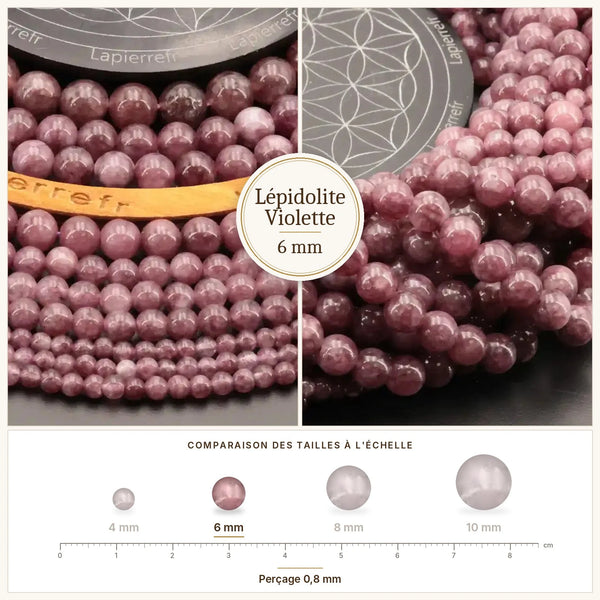 Perles violettes et rosées en lépidolite naturelle 6 mm