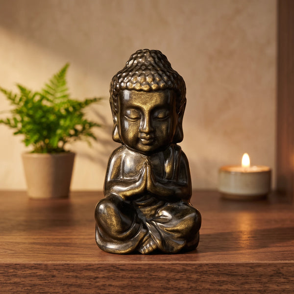 Petit Bouddha noir et or en obsidienne dorée posé sur une étagère en noyer
