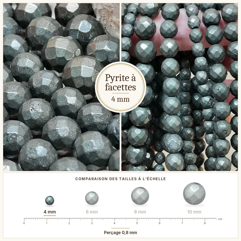 Fil de perles pyrite rondes à facettes en pierre naturelle