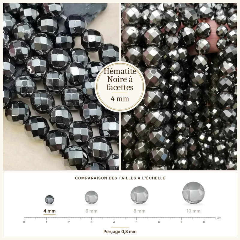 Fil de perles hématite noire rondes à facettes en pierre naturelle