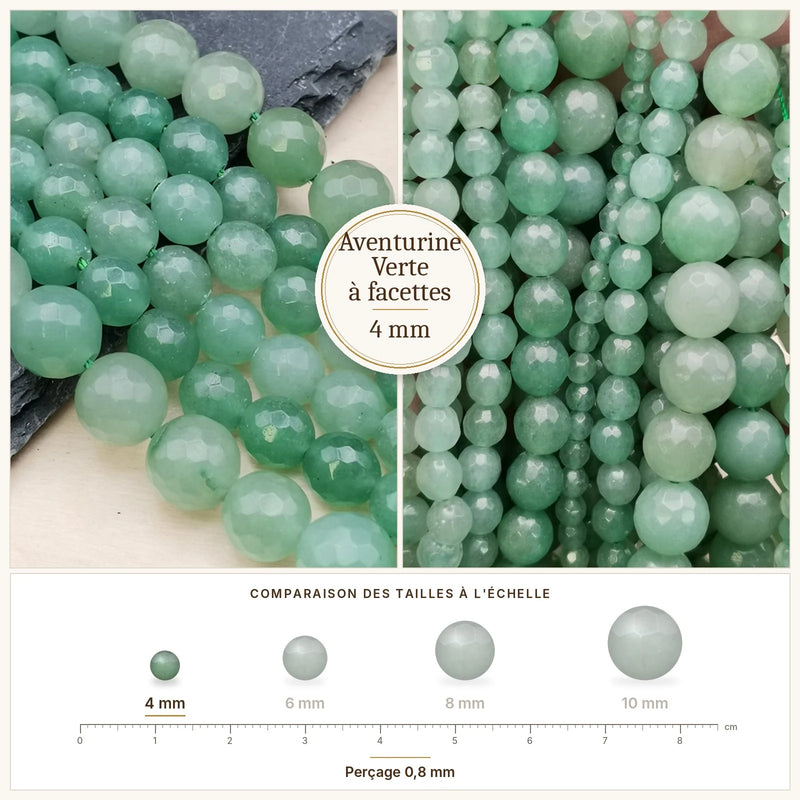 Fil de perles aventurine verte rondes à facettes en pierre naturelle
