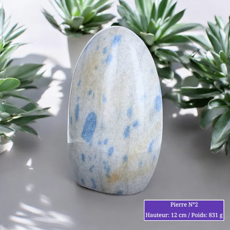 Détail de la Quartzite à Lazulite en forme libre, pierre naturelle bleue et blanche