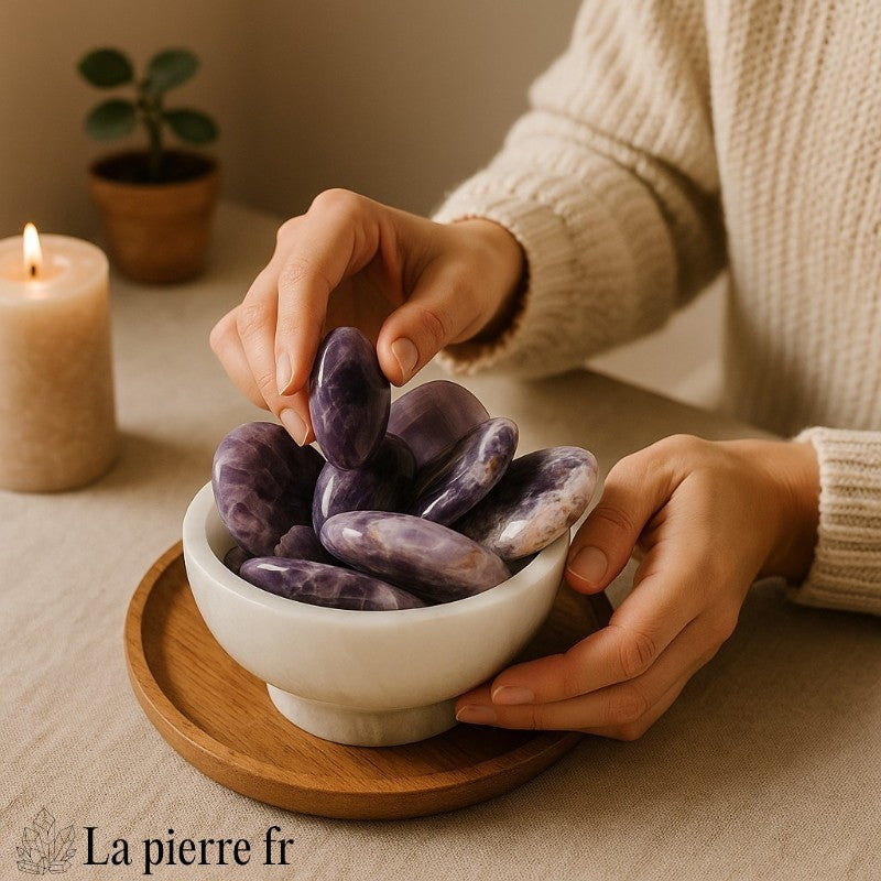 Galet plat d'Améthyste Chevron en main, pierre naturelle violette pour lithothérapie