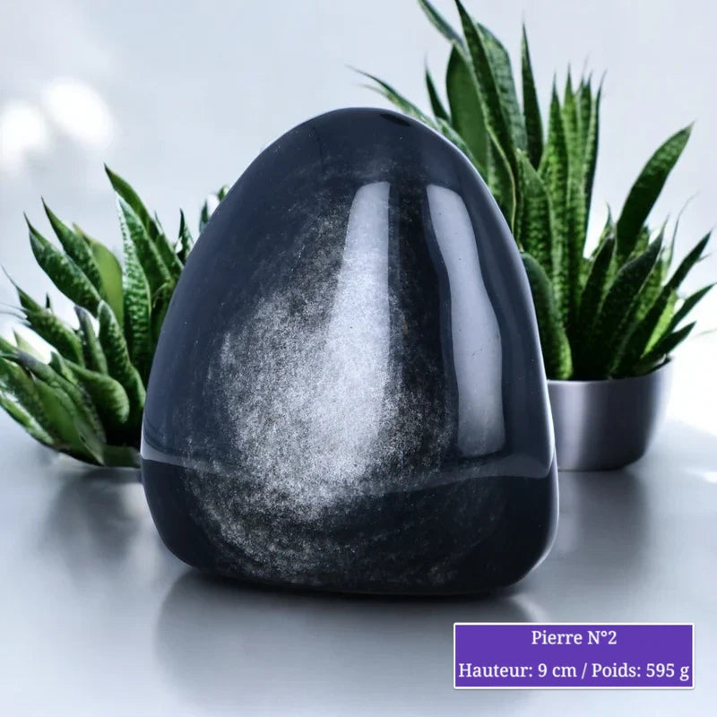 Détail de l'Obsidienne Argentée en forme libre, pierre naturelle noire aux reflets argentés