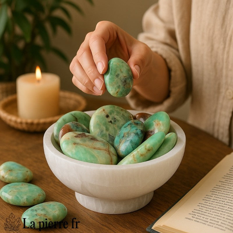 Galet plat de Chrysoprase en main, pierre naturelle verte pour lithothérapie