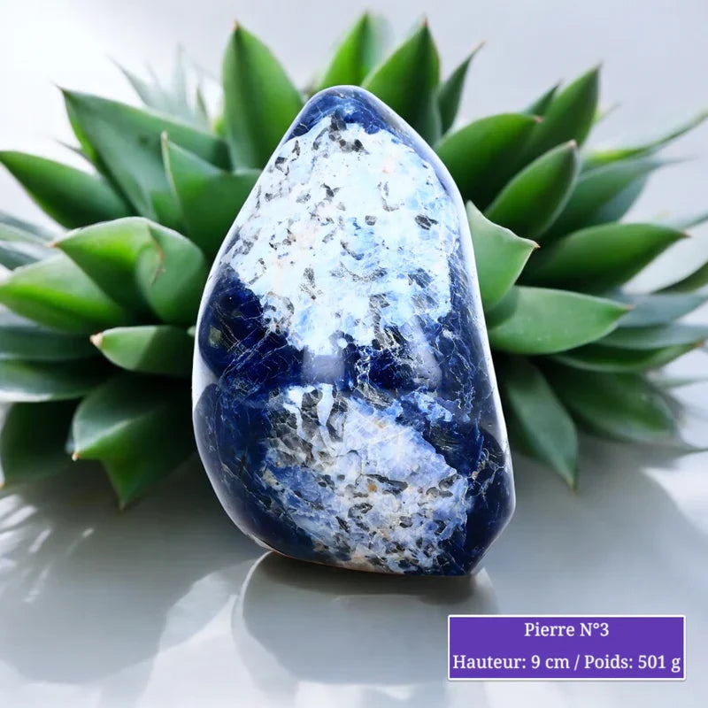 Détail de la Sodalite en forme libre, pierre naturelle bleue veinée de blanc