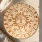 Planche Pendule Arbre de Vie Celtique, Bois Gravé, Runes et Zodiaque