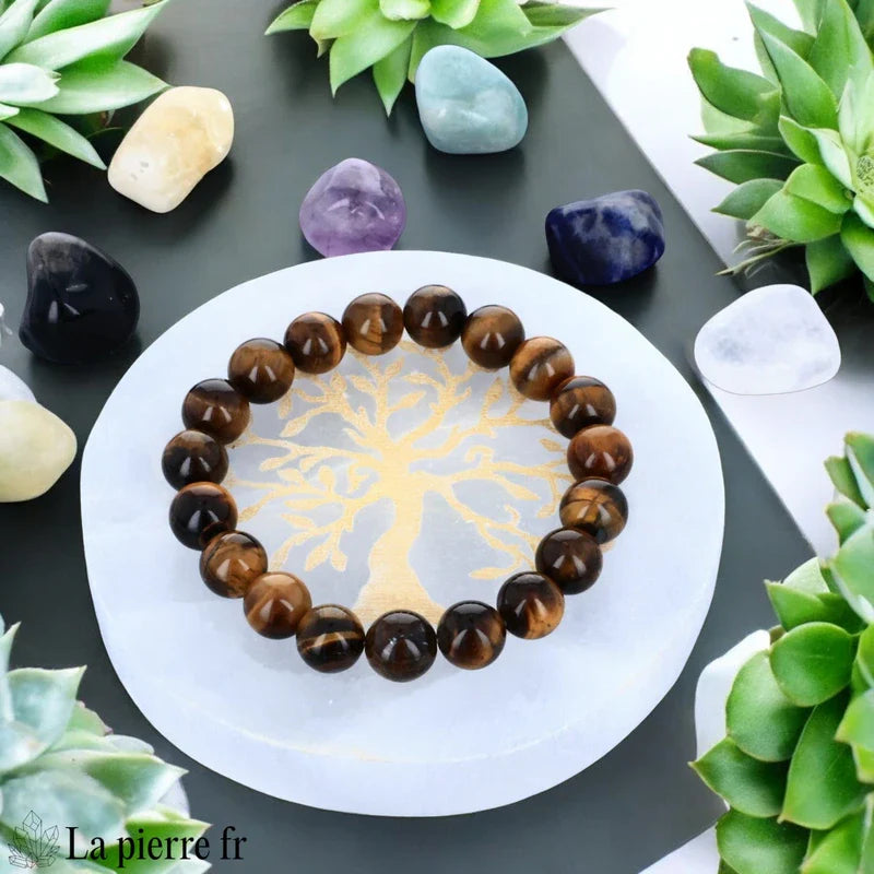 Plaque de rechargement ronde en sélénite naturelle (Ø 10cm), Arbre de Vie doré