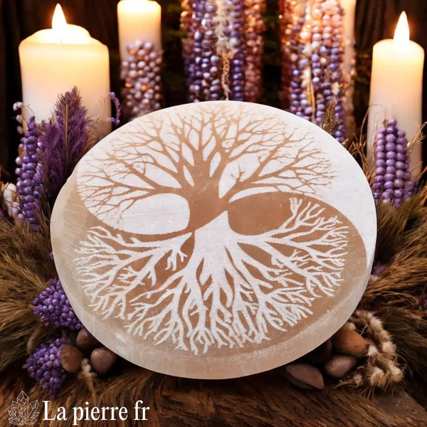 Plaque de rechargement en sélénite orange gravée arbre de vie – La Pierre FR, outil énergétique pour purifier et recharger les pierres naturelles.