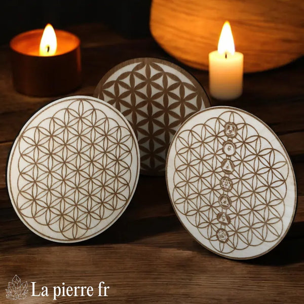Plaques de rechargement en bois pour recharger vos pierres et cristaux, motifs Fleur de Vie, 7 Chakras et Métatron