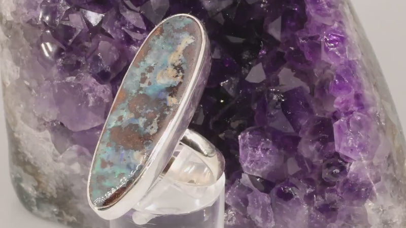 Bague Opale bleue & marron d'Australie | Bague en argent ajustable | Bijou minimaliste en véritable pierre naturelle pour femme
