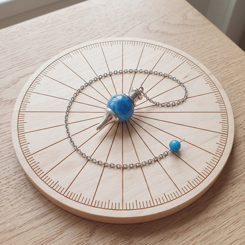 Pendule séphoroton en apatite sur une planche de radiesthésie