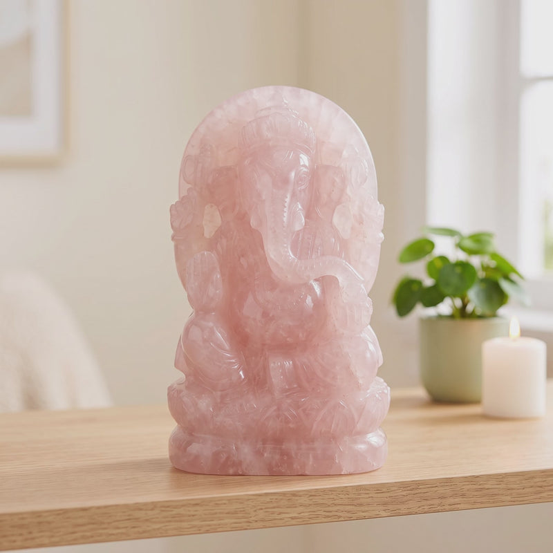 Vidéo de la statuette Ganesh en quartz rose, détails de la sculpture